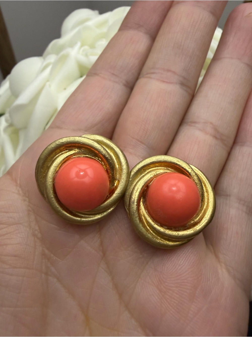 Vintage Gold-Tone Coral Button Earrings